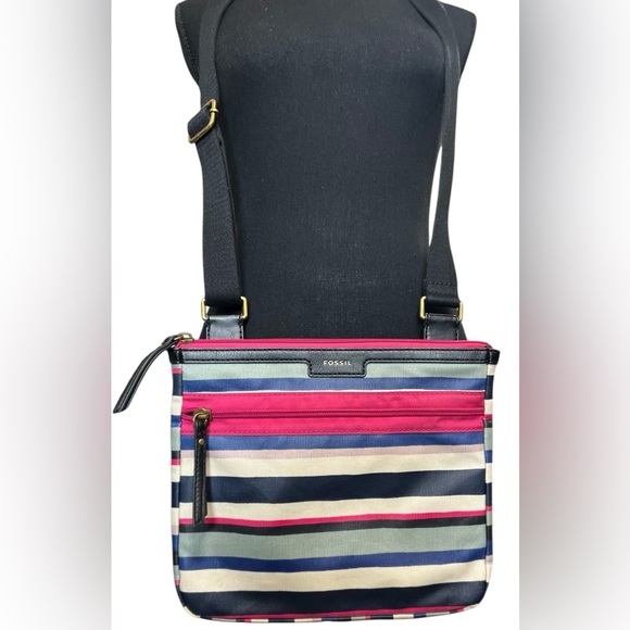 FOSSIL ELIZA Crossbody Blue Multi-Striped Coated Canvas Messenger Bag EUC - Picture 2 of 7